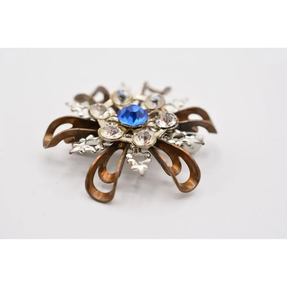 Vintage Flower Pin Brooch Brass Tone Metal Blue Rhinestone 3D Elegant 70s BinAL